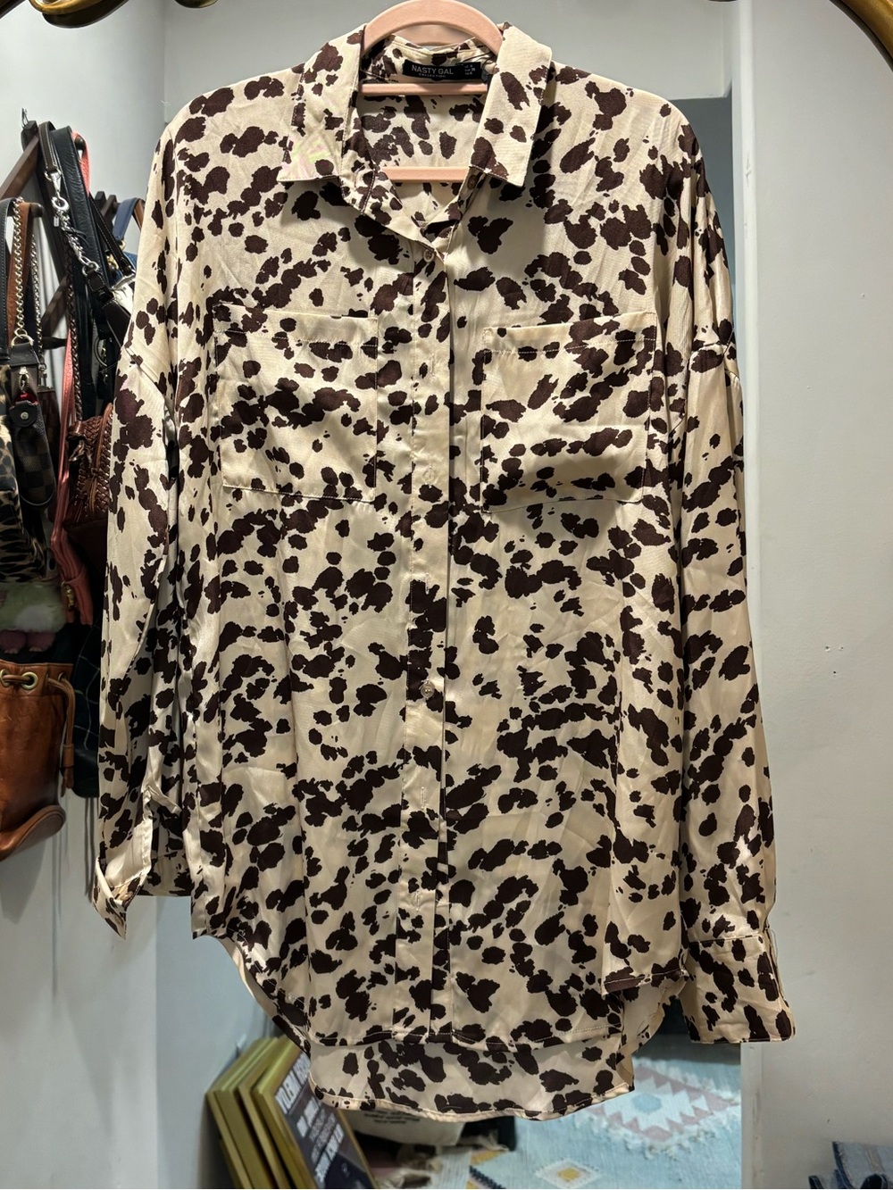 Nasty Gal Cream and Dark Brown Cow Print Button-Down Shirt Dress